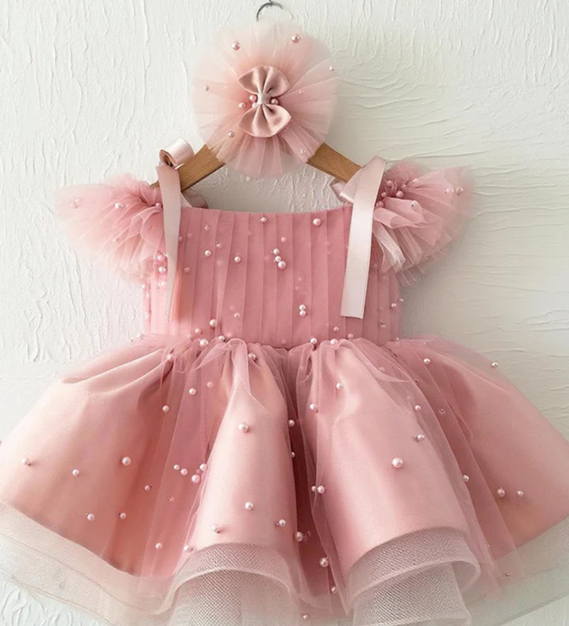 Mesh Pearl Cap Sleeve Midi Dresses - Pink - 5-6Y - image 1