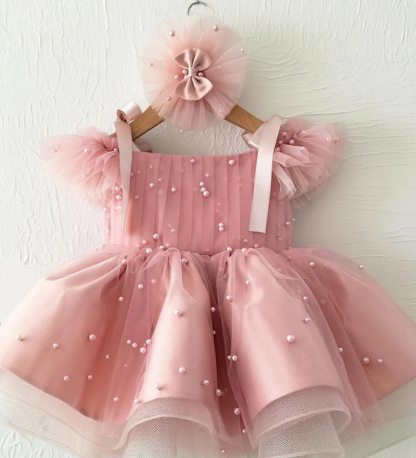 Mesh Pearl Cap Sleeve Midi Dresses - Pink - 5-6Y - image 1
