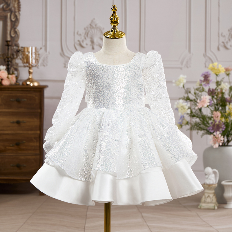 Satin Sequins Folds Long Sleeve Mid-long Dresses - White - 15-16Y - image 2