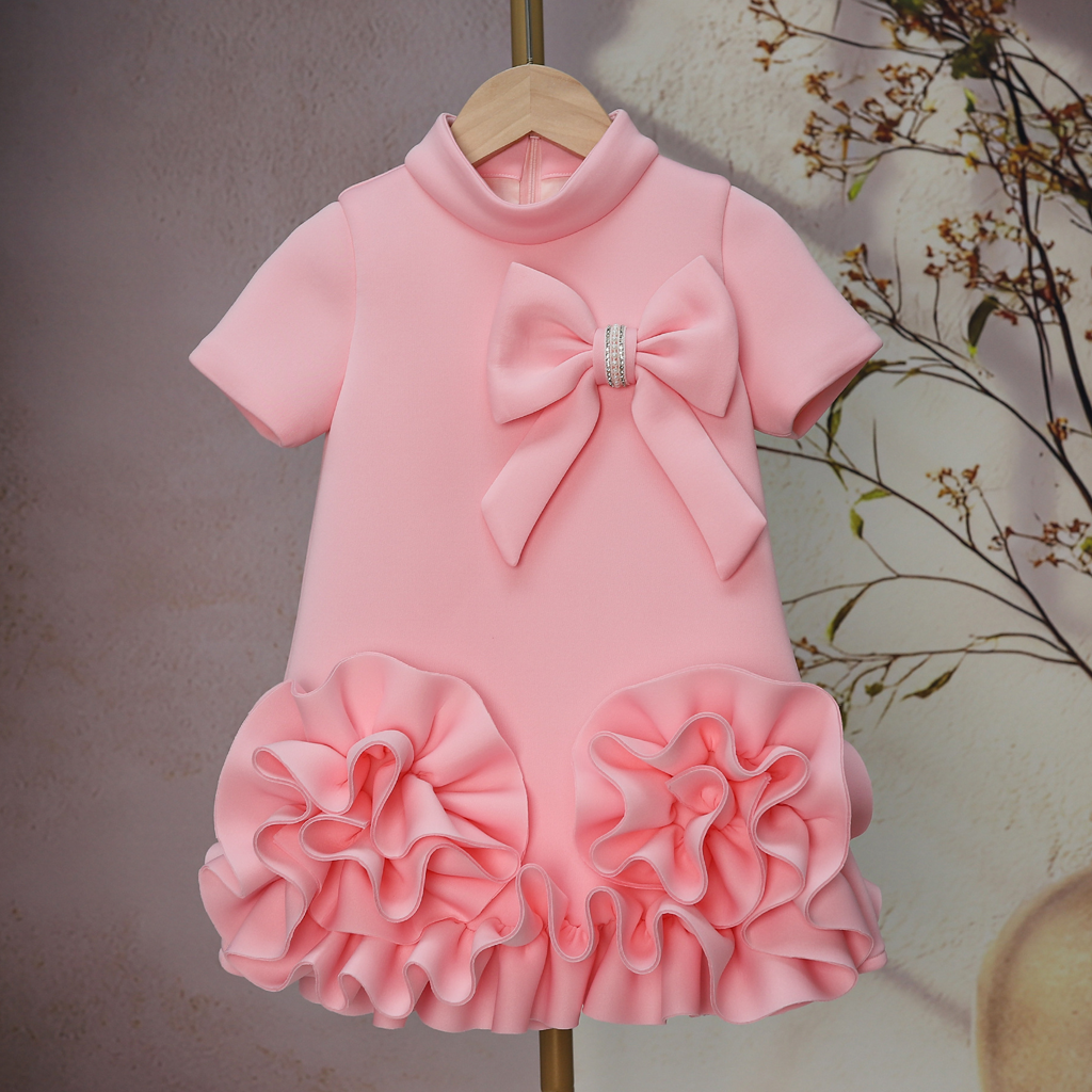[Archive Sale] Scuba Knit Rosette Short Sleeve Midi Dresses - Pink - 3-4Y【110cm】 - image 1