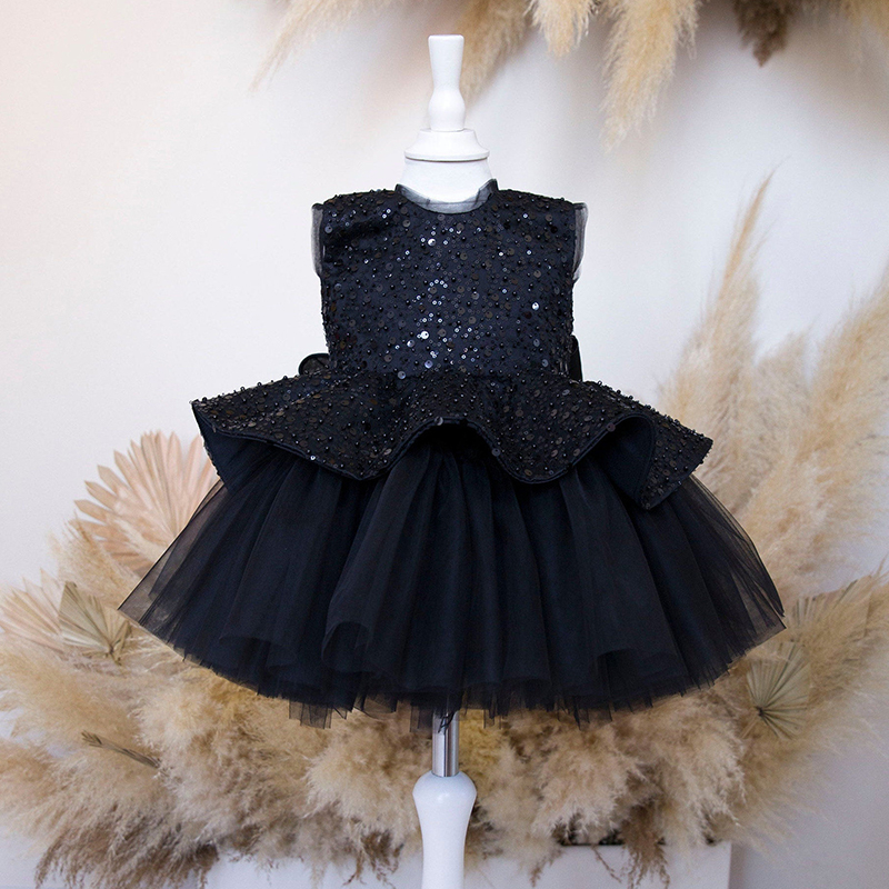 Mesh Folds Sequins Sleeveless Mid-long Dresses - Black - 13-14Y - image 8