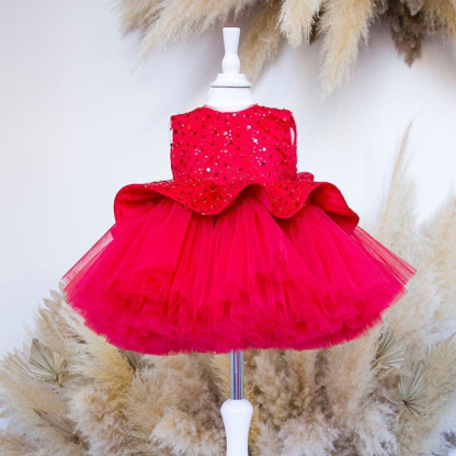 Mesh Folds Sequins Sleeveless Mid-long Dresses - Red - 13-14Y - image 9