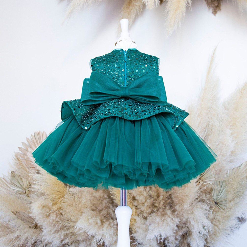 Mesh Folds Sequins Sleeveless Mid-long Dresses - Dark Green - 13-14Y - image 10