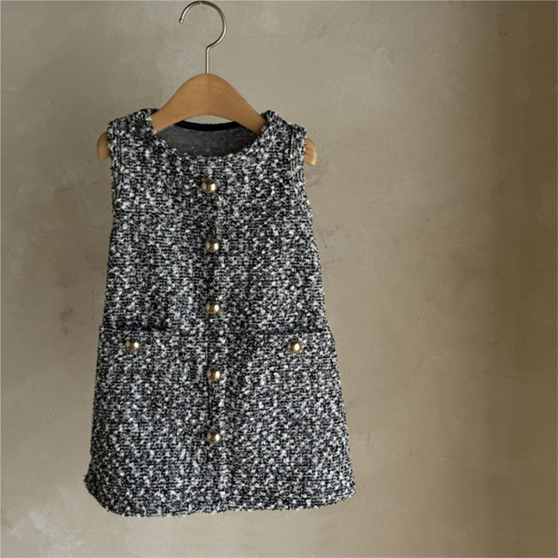Tweed Buckle Bow Sleeveless Regular Dresses - Black - 100cm - image 20