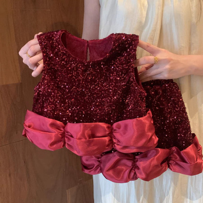 Sequins Fleece Sequins Sleeveless Regular Dresses - Wine - 140cm - image 1