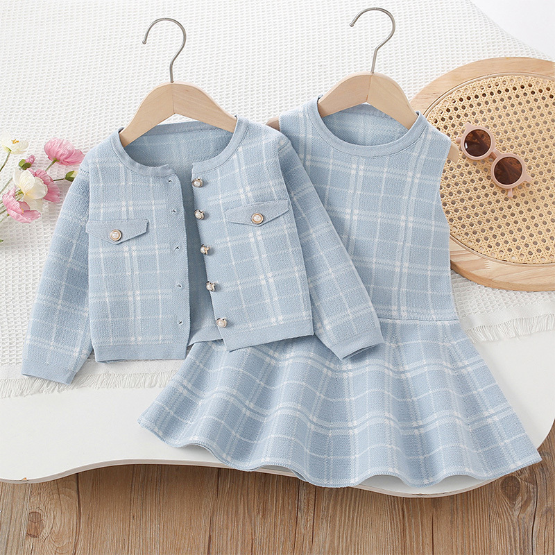 Yarn/wool Yarn Buckle Long Sleeve Regular Two-piece Set - Blue - 130cm - image 2