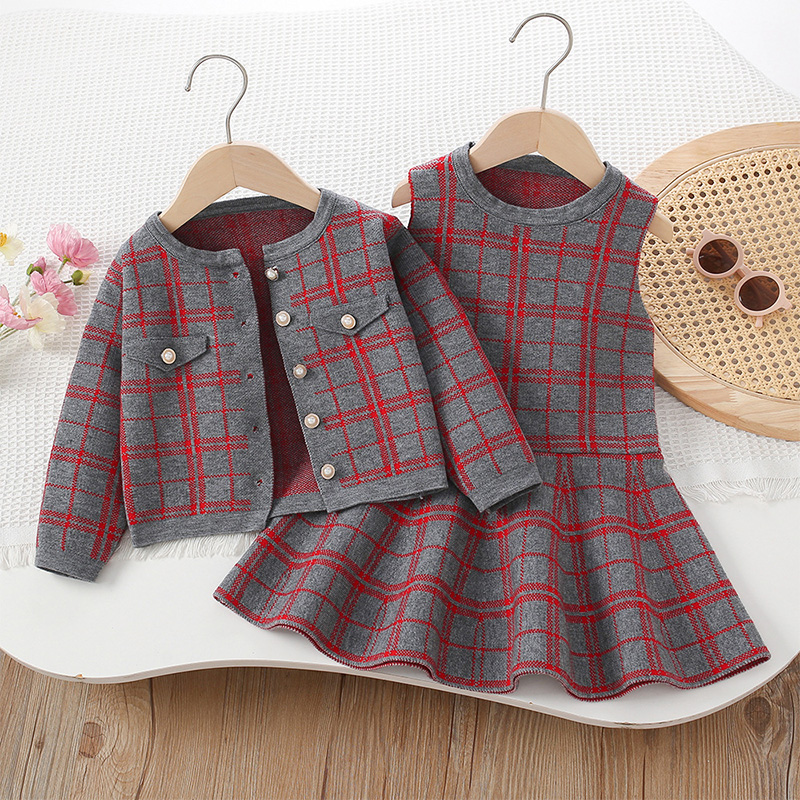 Yarn/wool Yarn Buckle Long Sleeve Regular Two-piece Set - Greyish Red - 130cm - image 7