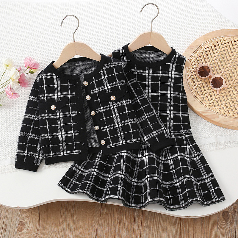 Yarn/wool Yarn Buckle Long Sleeve Regular Two-piece Set - Black - 130cm - image 9