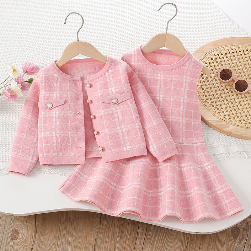 Yarn/wool Yarn Buckle Long Sleeve Regular Two-piece Set - Pink - 130cm - image 4