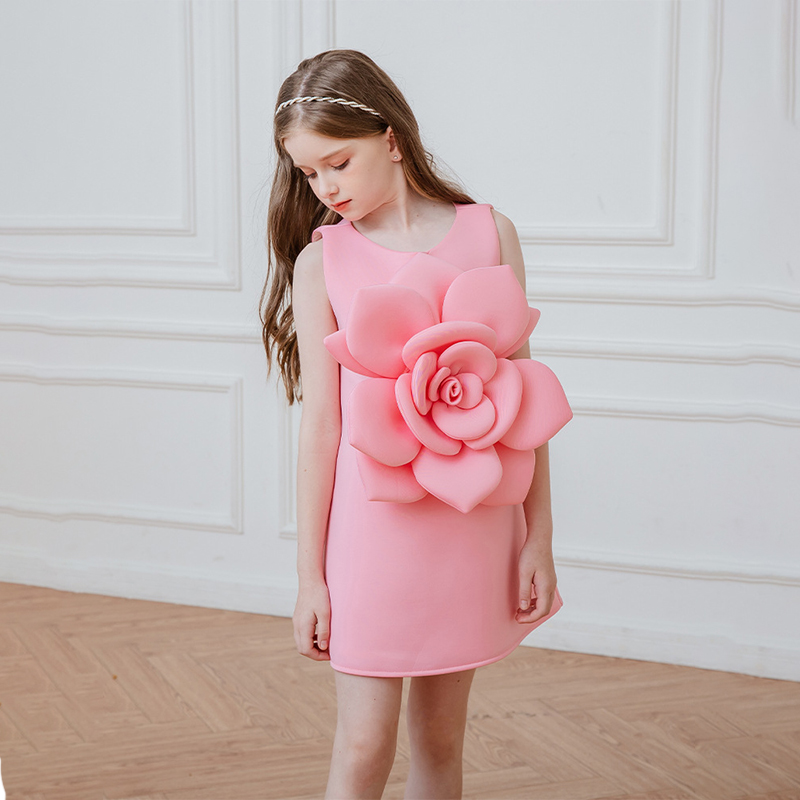 Scuba Knit Rosette Sleeveless Regular Dresses - Pink - 140cm - image 1