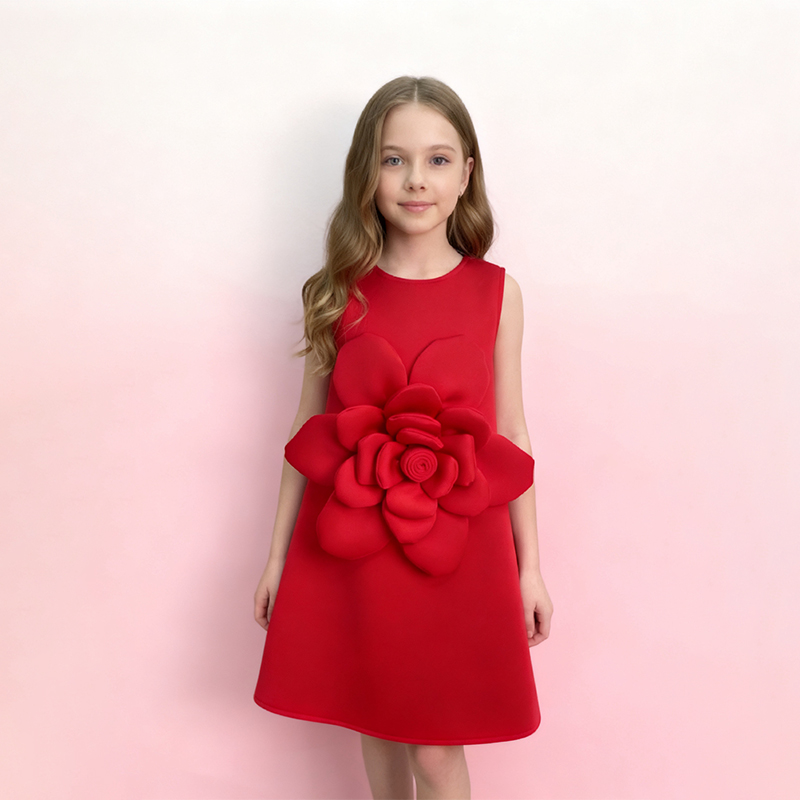 Scuba Knit Rosette Sleeveless Regular Dresses - Red - 140cm - image 16