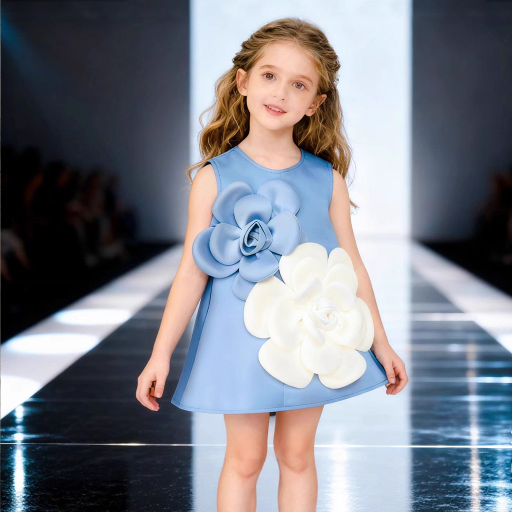 Scuba Knit Rosette Sleeveless Midi Dresses - Sky Blue - 140cm - image 18