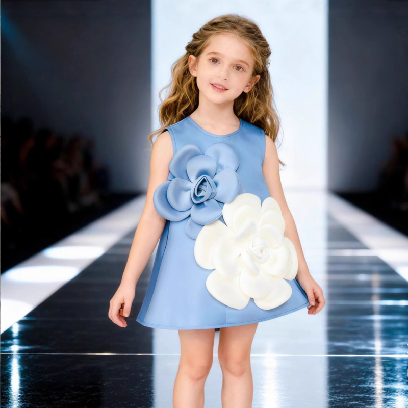 Scuba Knit Rosette Sleeveless Midi Dresses - Sky Blue - 140cm - image 18