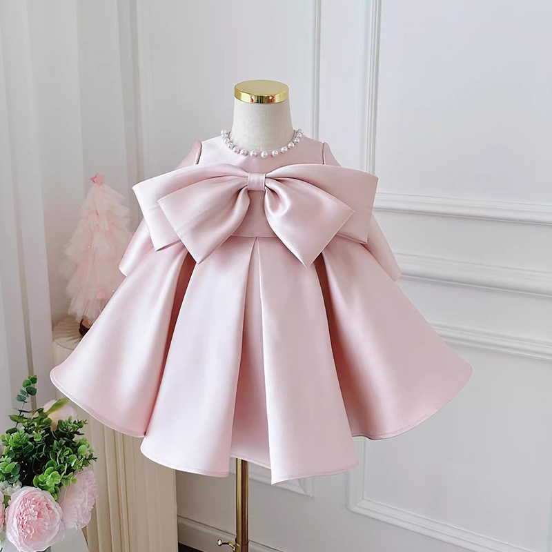 Satin Bow Sleeveless Regular Dresses - Pink Long Sleeve - 120cm - image 1