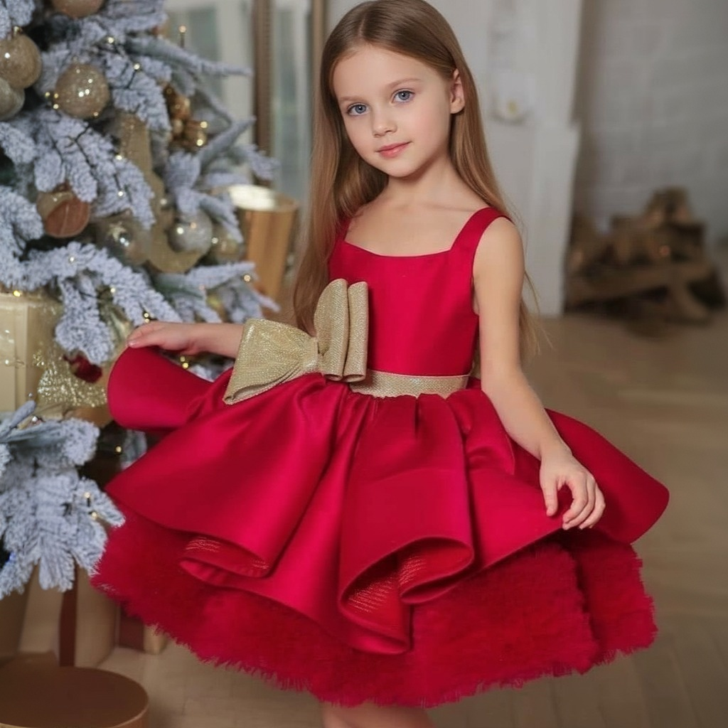 Satin Bow Sleeveless Midi Dresses - Red - 12-13Y - image 1