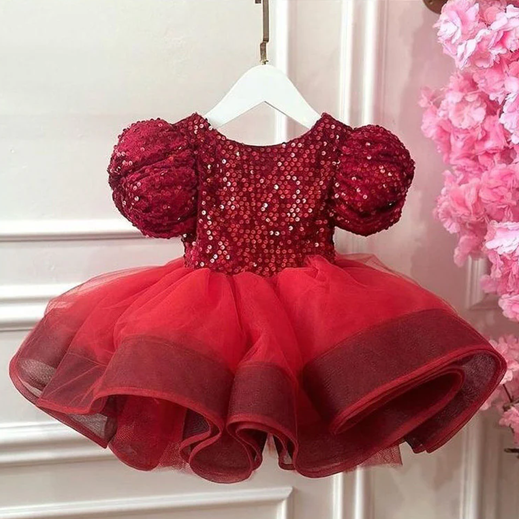 Glitter Gathered Short Sleeve Midi Dresses - Red - 12-13Y - image 4