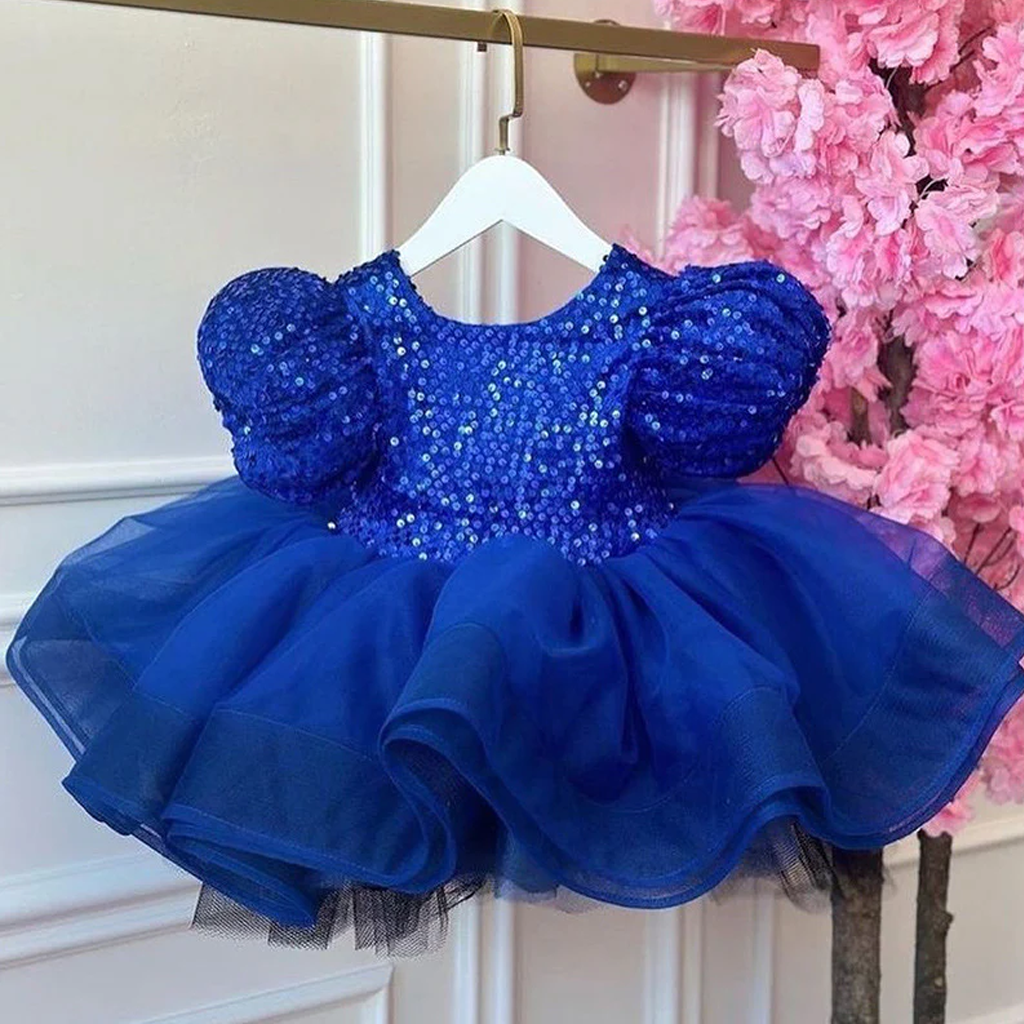 Glitter Gathered Short Sleeve Midi Dresses - Blue - 12-13Y - image 2