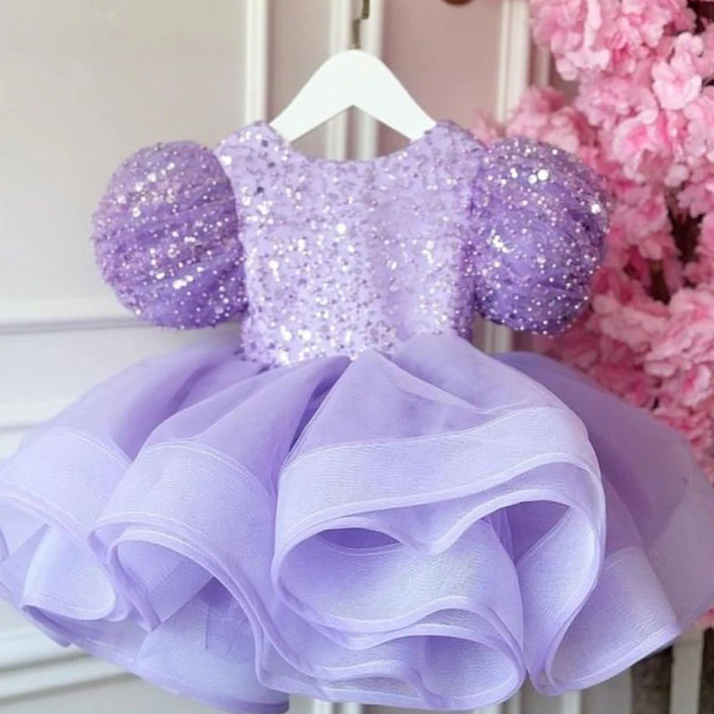 Glitter Gathered Short Sleeve Midi Dresses - Purple - 12-13Y - image 3