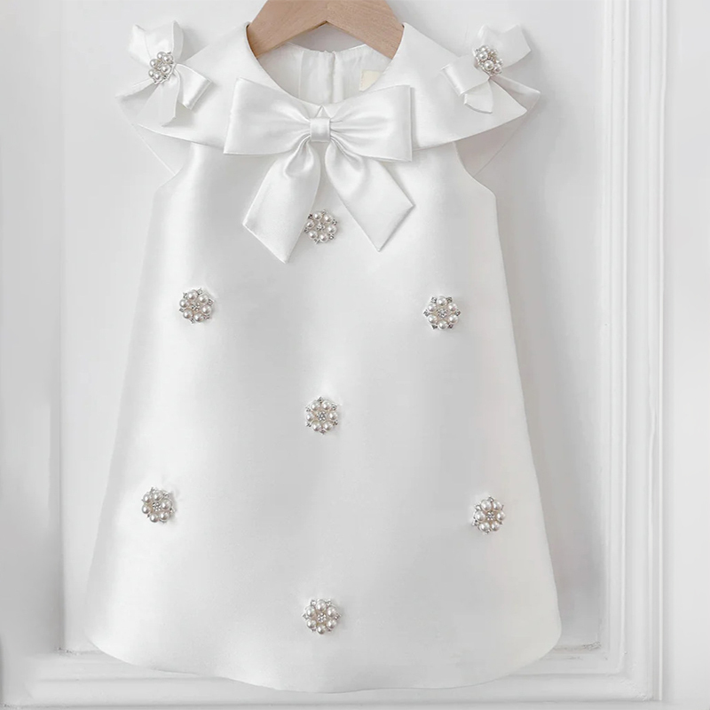 Satin Imitation Pearls Sleeveless Regular Dresses - White - 130cm - image 3
