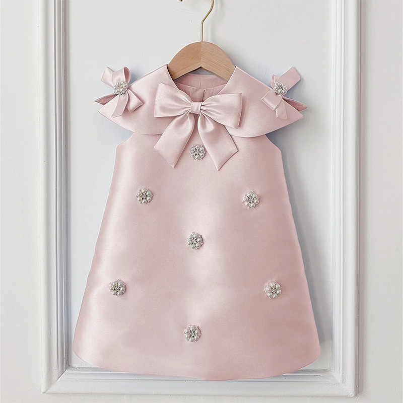 Satin Imitation Pearls Sleeveless Regular Dresses - Pink - 130cm - image 1