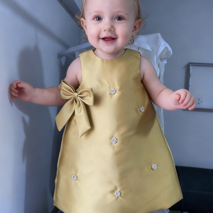 Satin Imitation Pearls Sleeveless Regular Dresses - Gold (Excluding Shawl) - 130cm - image 20