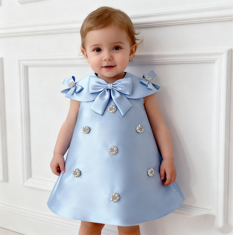 Satin Imitation Pearls Sleeveless Regular Dresses - Sky Blue - 130cm - image 25