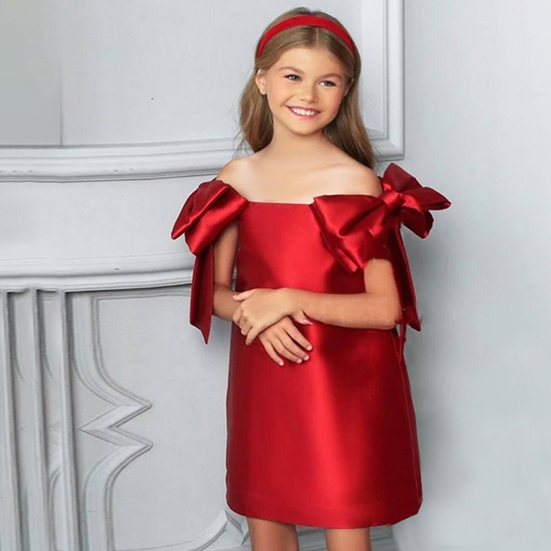 Satin Bow Sleeveless Regular Dresses - Red - 130cm - image 12