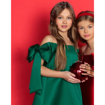 Satin Bow Sleeveless Regular Dresses - Green - 130cm - image 13