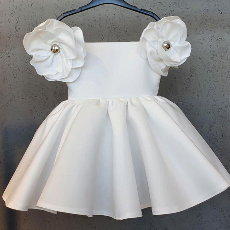 Satin Rosette Sleeveless Regular Dresses - White - 130cm - image 12