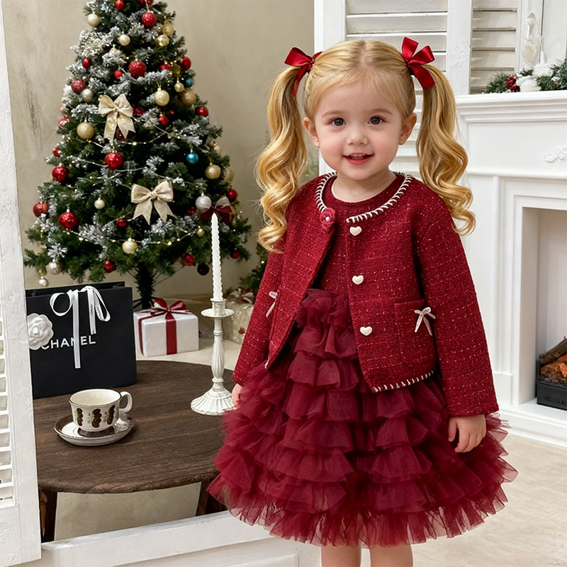 Tweed Folds Bow Long Sleeve Regular Dresses&two-piece Set - image 4