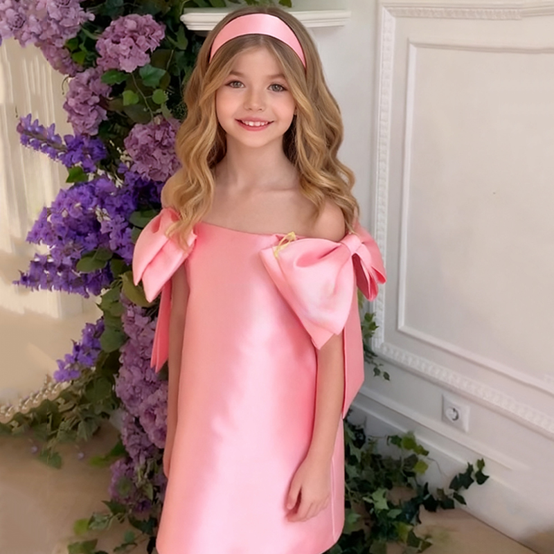 Satin Bow Sleeveless Regular Dresses - Pink - 130cm - image 1