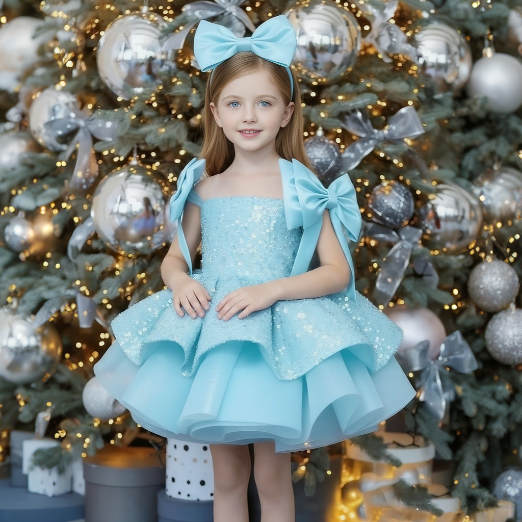 Glitter Bow Sleeveless Midi Dresses - Sky Blue - 12-13Y - image 11