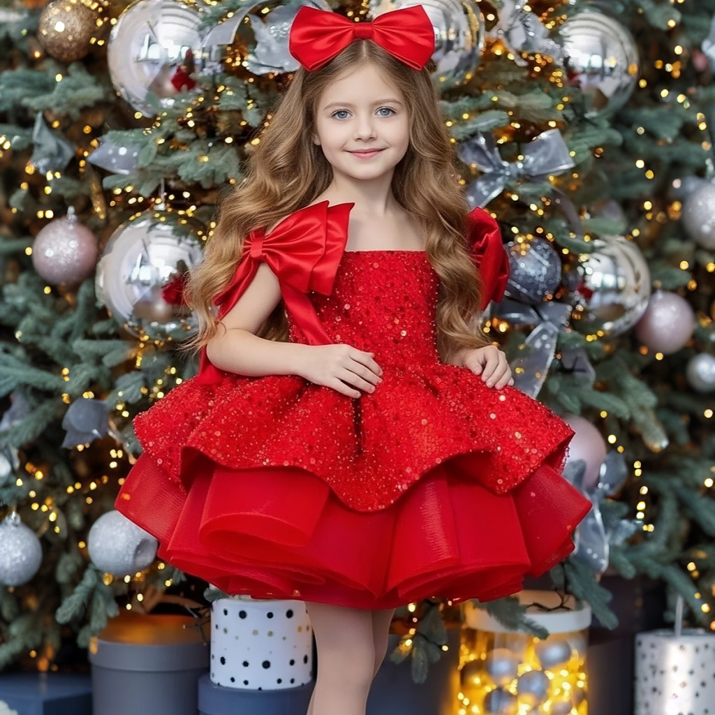 Glitter Bow Sleeveless Midi Dresses - Red - 12-13Y - image 8