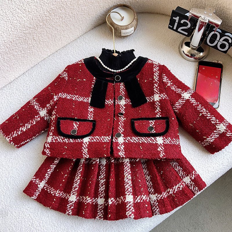 Tweed Buckle Long Sleeve Regular Two-piece Set - Red - 140cm - image 1