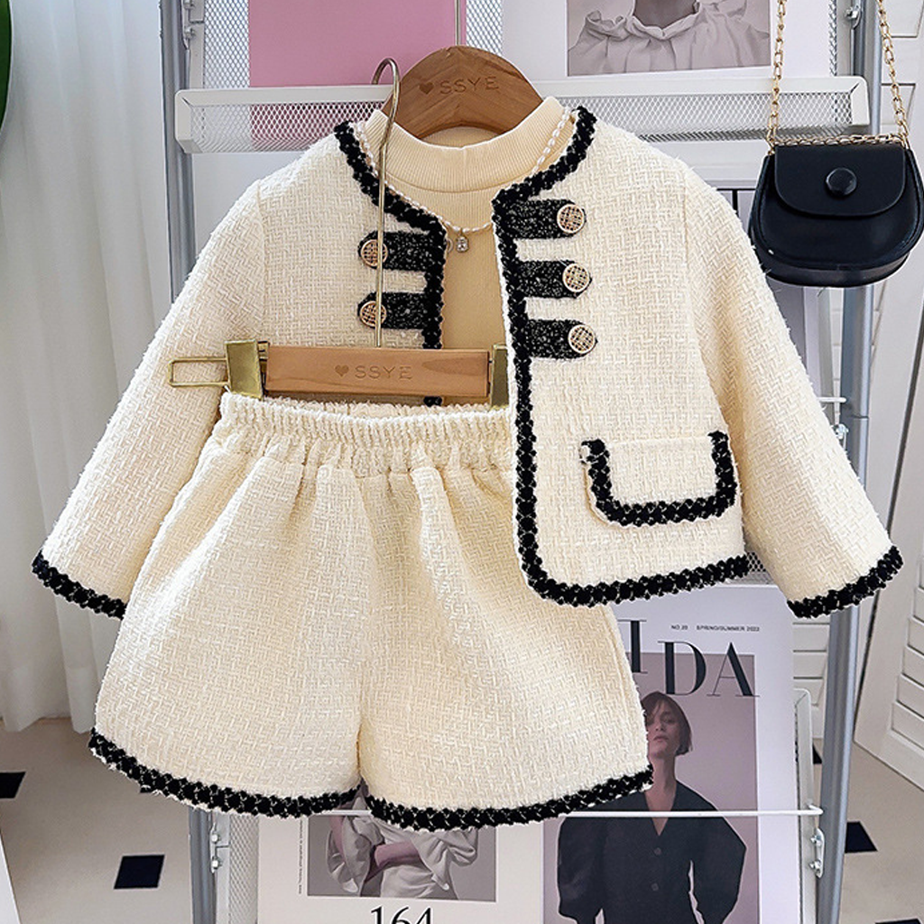 Tweed Panel Long Sleeve Crop Two-piece Set - Beige - 140cm - image 3