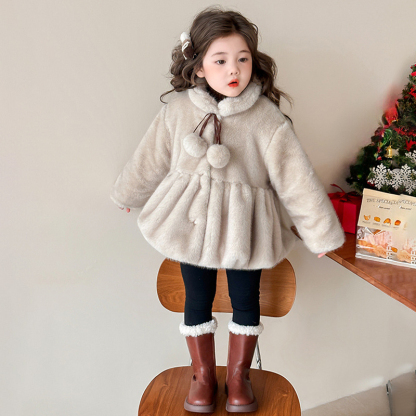 Faux Fur Fuzzy Ball Long Sleeve Regular Outerwears - Light Beige - 130cm - image 23