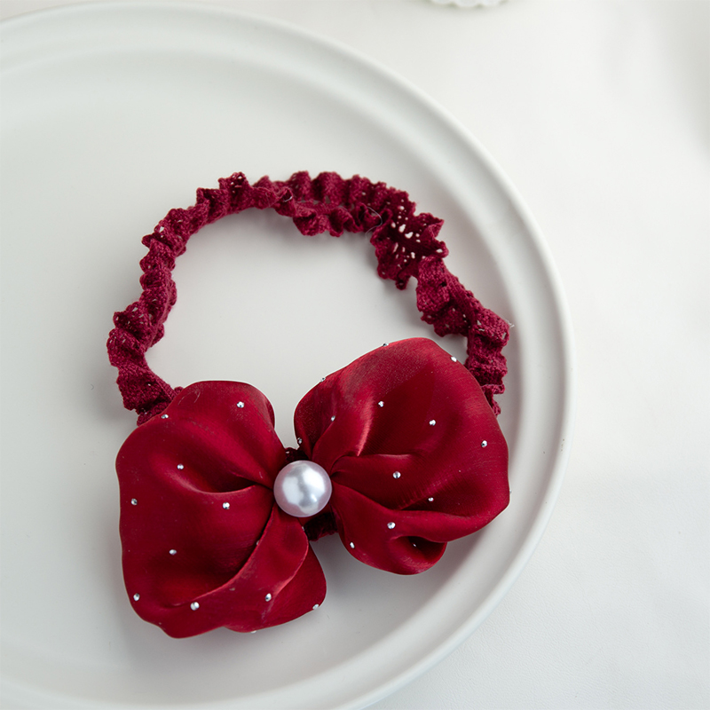 Solid With Flower Applique Hairband - Wine Red Large Puff Flower+Wine Red Hairband - 0-3Y - image 5