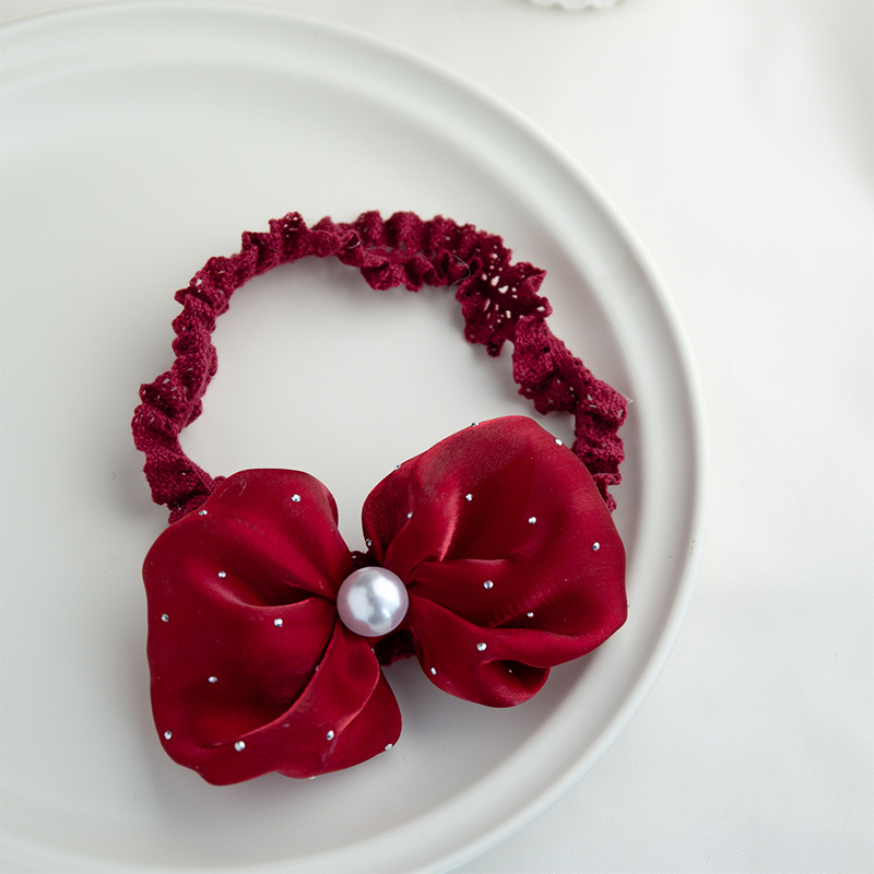 Solid With Flower Applique Hairband - Wine Red Large Puff Flower+Wine Red Hairband - 0-3Y - image 5