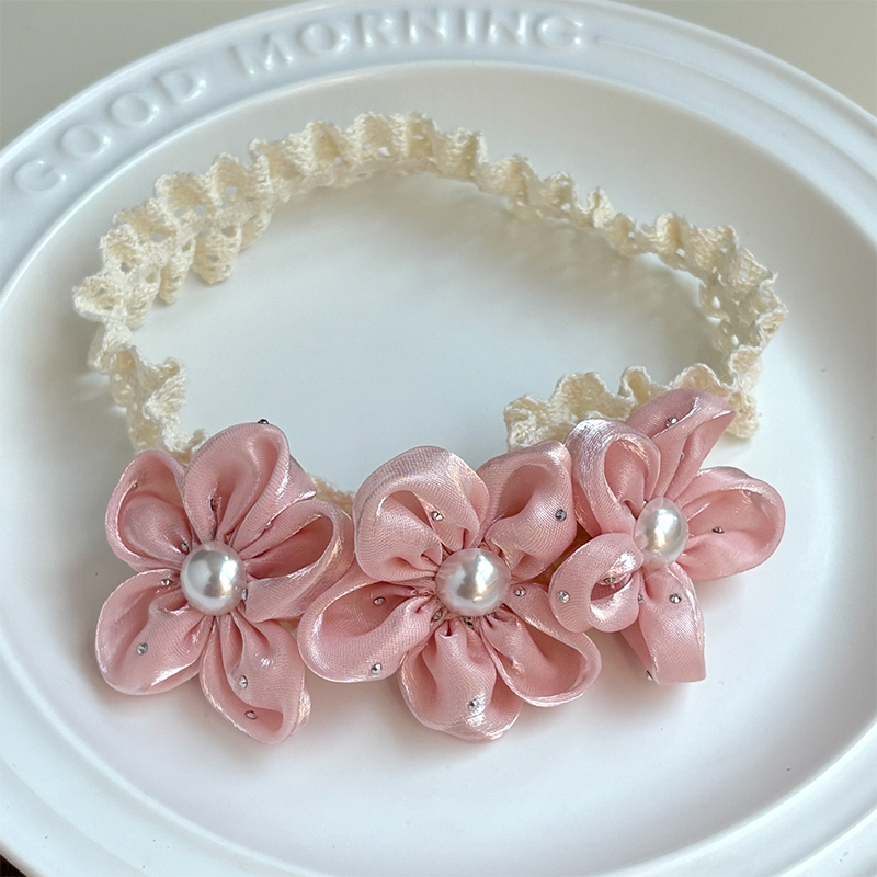 Solid With Flower Applique Hairband - Three Pink Flowers+Beige Hairband - 0-3Y - image 2