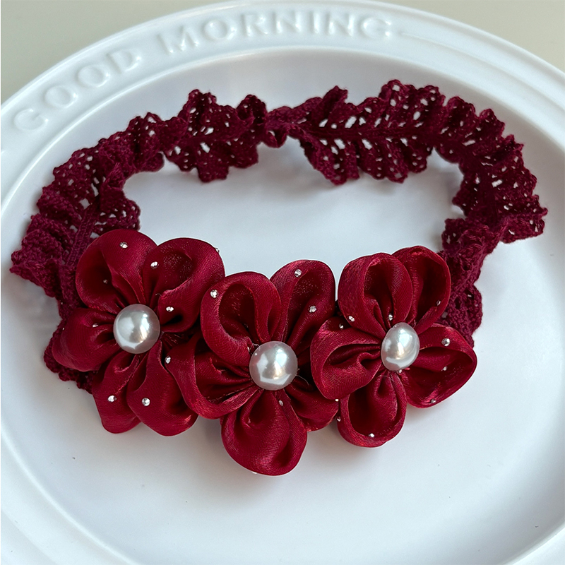 Solid With Flower Applique Hairband - Three Wine Red Flowers+Wine Red Hairband - 0-3Y - image 9