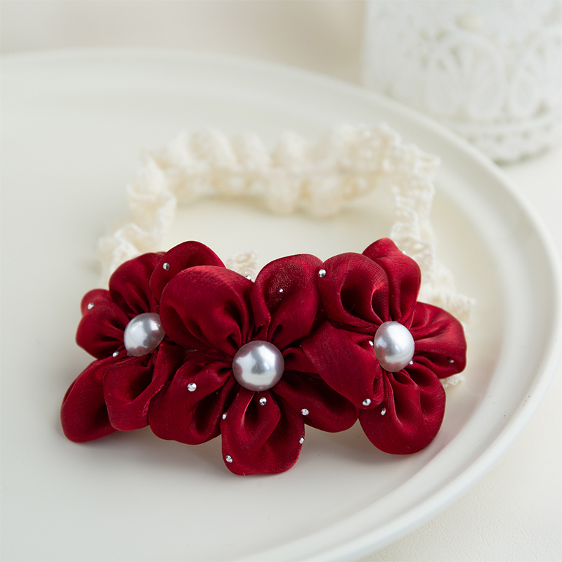Solid With Flower Applique Hairband - Three Wine Red Flowers+Beige Hairband - 0-3Y - image 10