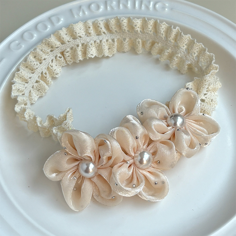 Solid With Flower Applique Hairband - Three Beige Flowers - 0-3Y - image 11