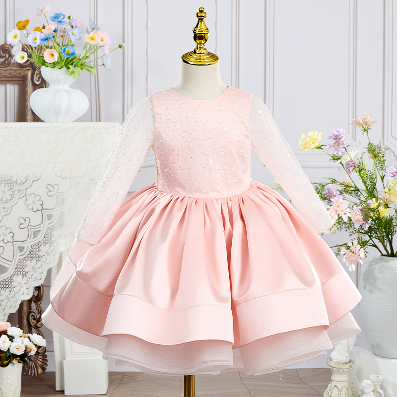 Satin Sequins Folds Long Sleeve Mid-long Dresses - Pink - 15-16Y - image 11