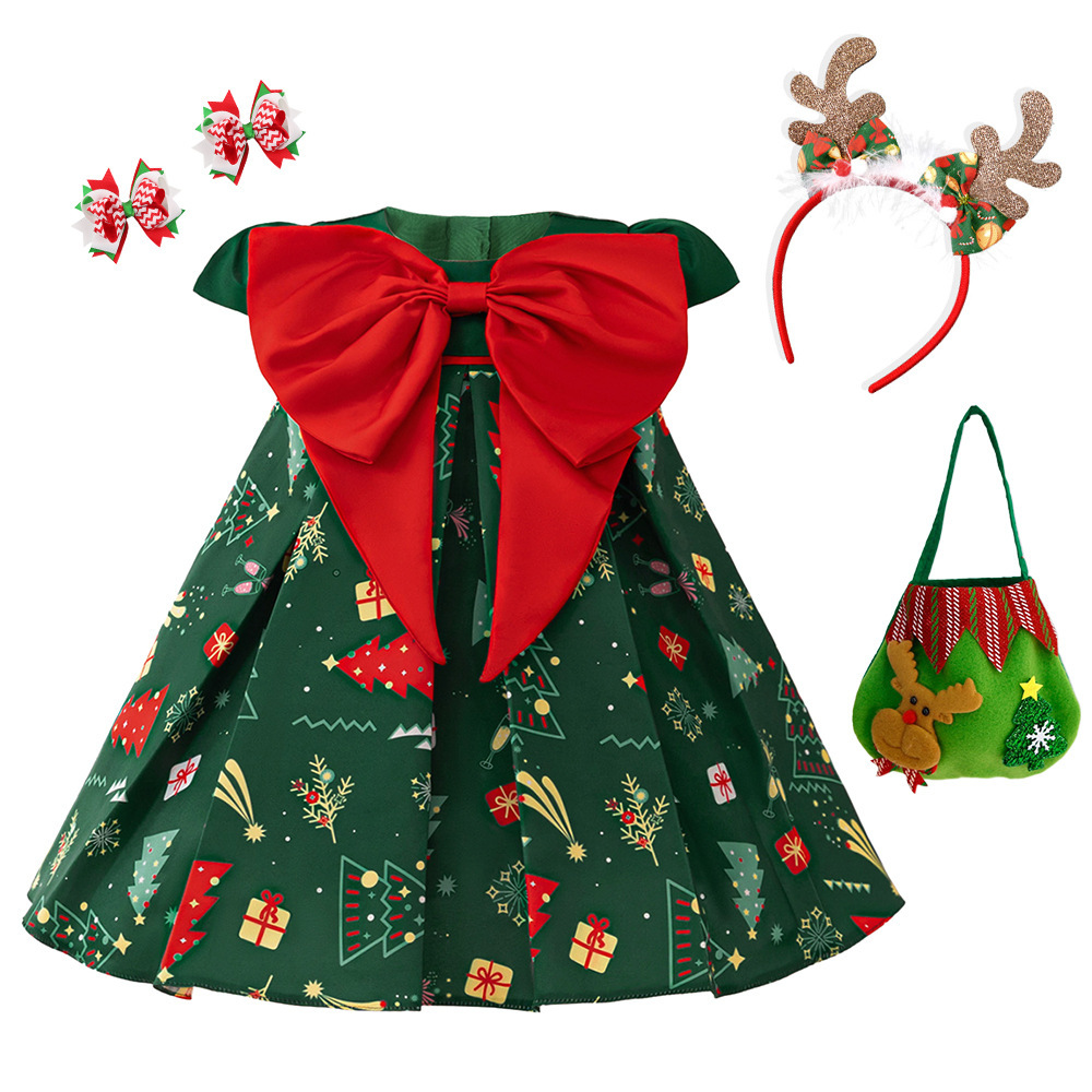 Satin Bow Cap Sleeve Midi Dresses - Dark Green - 2-3Y - image 4