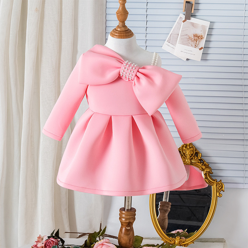 Scuba Knit Bow Long Sleeve Regular Dresses - Pink - 3-4Y - image 1