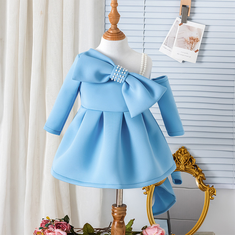 Scuba Knit Bow Long Sleeve Regular Dresses - Blue - 3-4Y - image 11