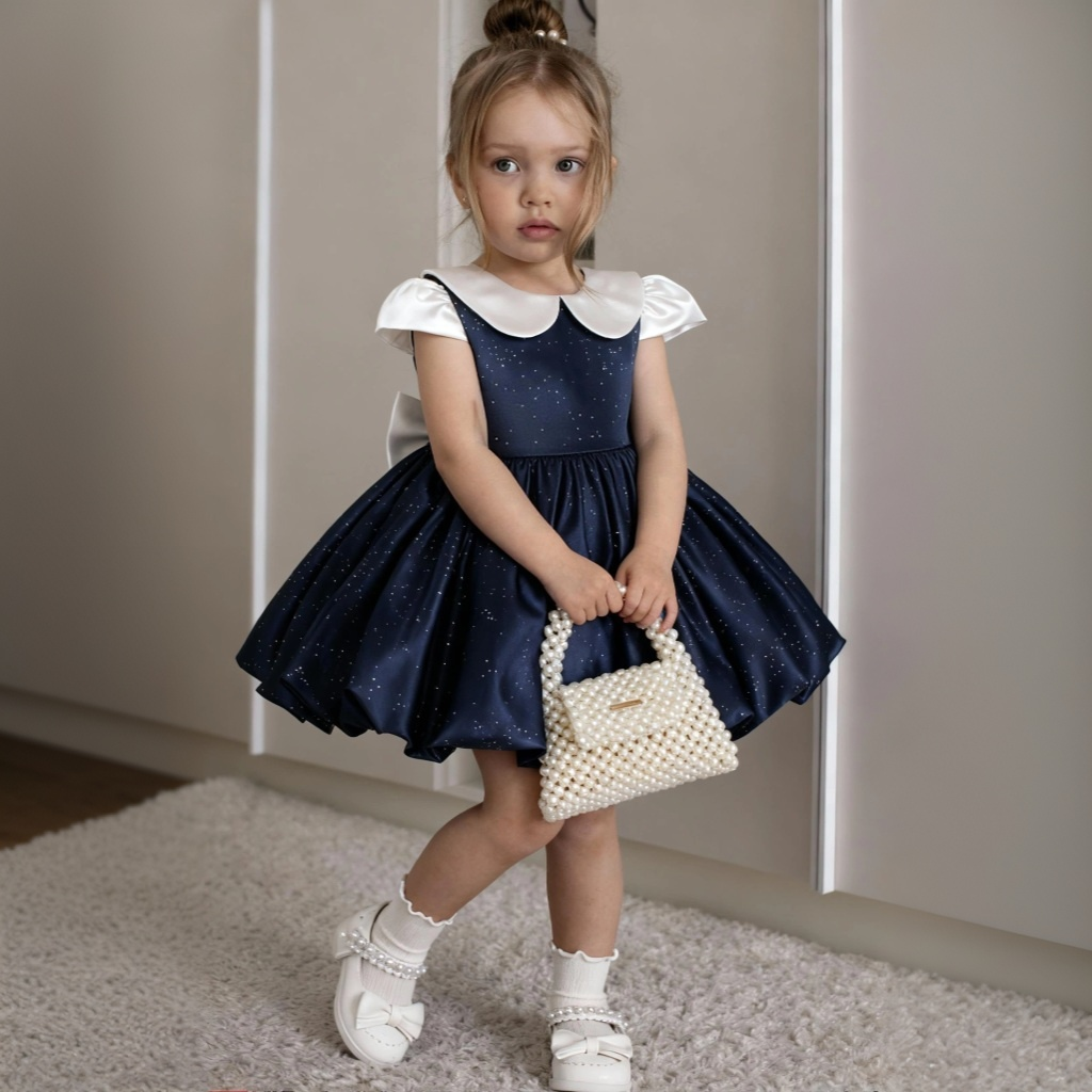 Satin Bow Cap Sleeve Midi Dresses - Navy Blue - 7-8Y - image 1