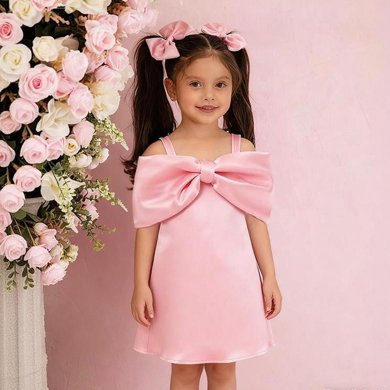 Satin Bow Sleeveless Regular Dresses - Pink - 11-13Y - image 3