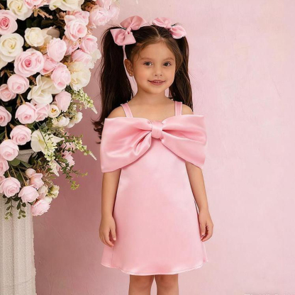 Satin Bow Sleeveless Regular Dresses - Pink - 11-13Y - image 3