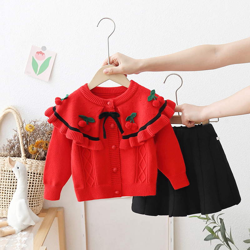 Yarn/wool Yarn Bow Embellished Long Sleeve Regular Two-piece Set - Red Set - 130cm - image 15